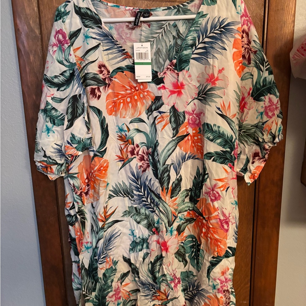 Jantzen Tropical Floral Women's Blouse - Orange, Green, Cream